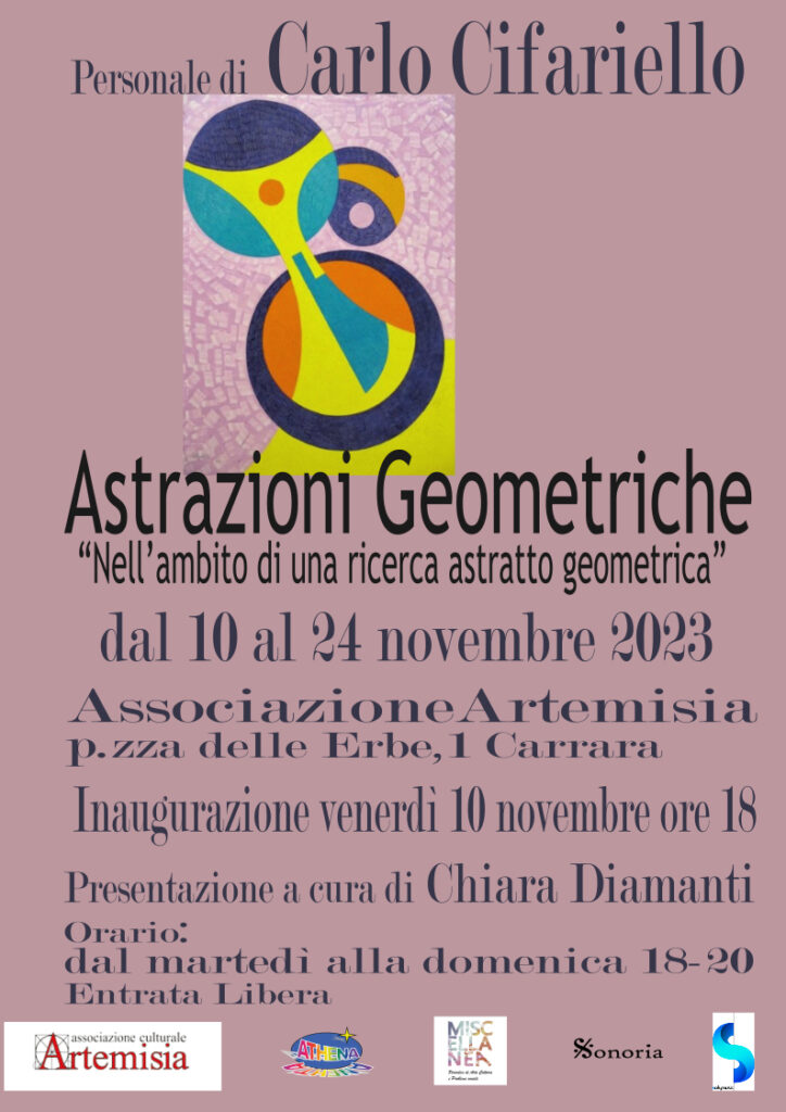 Venerdì 10 novembre, alle ore 18, presso la Galleria dell’Associazione culturale Artemisia, a Carrara,
Piazza delle Erbe, 1, avrà luogo l’inaugurazione della Mostra personale di Carlo Cifariello, dal titolo:
Astrazioni Geometriche “nell’ambito di una ricerca astratto geometrica”.
Presentazione a cura di Chiara Diamanti
Carlo è un pittore-scultore partenopeo che si forma all’Accademia di Belle Arti di Napoli.
“L’arte delle avanguardie, dell’astrattismo cubista, è un universo affascinante e complesso che spesso
sfida la nostra comprensione e percezione visiva. Eppure Carlo Cifariello con la sua “geometrizzazione
delle forme” porta un nuovo livello di profondità e di bellezza a questo genere artistico.
Ogni sua opera dai tratti precisi e decisi, di contrasti e sfumature, rompe con gli schemi tradizionali per
restituirci una presenza che, nonostante ai limiti della resistenza fisica e mentale, deve lasciare nel suo
tempo un segno inconfondibile.
Ma ciò che rende davvero uniche le opere di Carlo, alla continua ricerca di amore, passione e bellezza, è
l’abilità di catturare e trasmettere emozioni complesse e profonde, attraverso forme astratte.
Carlo da vero artista ci coinvolge con il suo lavoro che fa riflettere e sognare, ci porta in un viaggio
emozionante e concettuale che ci lascia una percezione rinnovata del mondo che ci circonda”.
La mostra sarà visitabile dal 10 al 24 novembre, dalle 18 alle 20, escluso il lunedì.